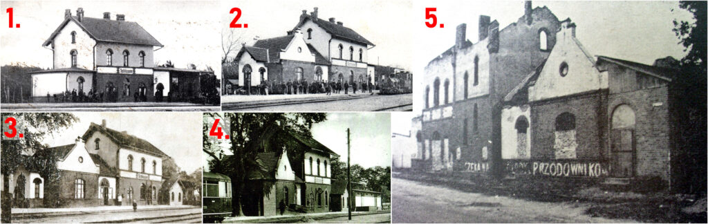 Zestawienie pięciu zdjęć dworca kolejowego w Człopie, ukazujących jego rozbudowę do 1945 roku i jego ruiny po drugiej wojnie światowej.