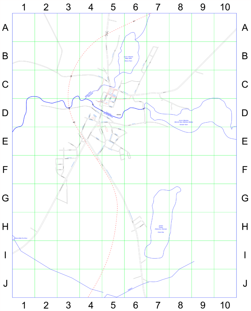 Schemat ukazujący lokalizację ulic w Człopie z ich nazwami w języku polskim i niemieckim