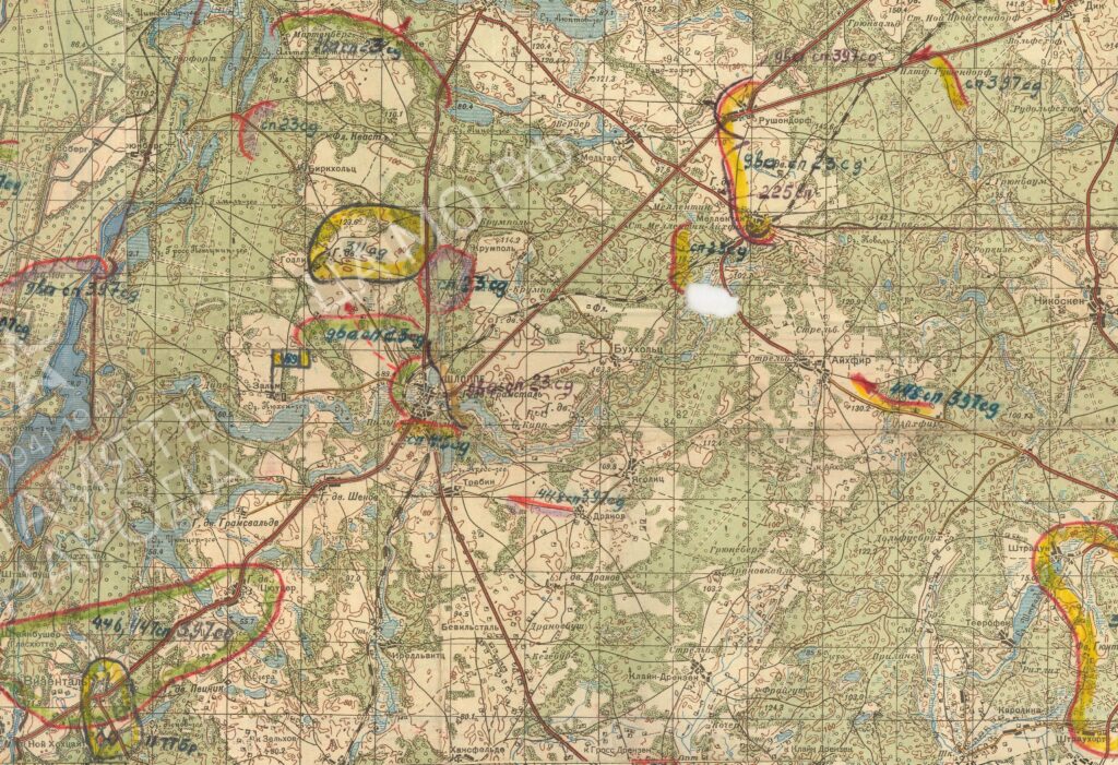 Fragment rosyjskiej mapy sztabowej ukazującej rozmieszczenie jednostek 61. Armii w dniach 1-7 lutego 1945 roku w okolicach Człopy. Tekst w języku rosyjskim, odręczne symbole i dopiski.