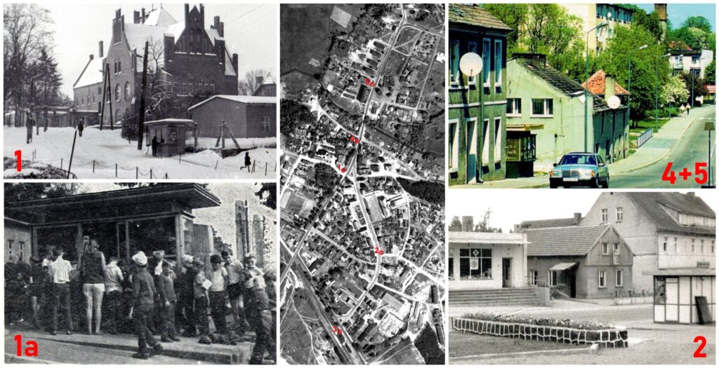 Zestawienie zdjęć kiosków Ruchu w Człopie i ich lokalizacja naniesiona na zdjęcie lotnicze Człopy