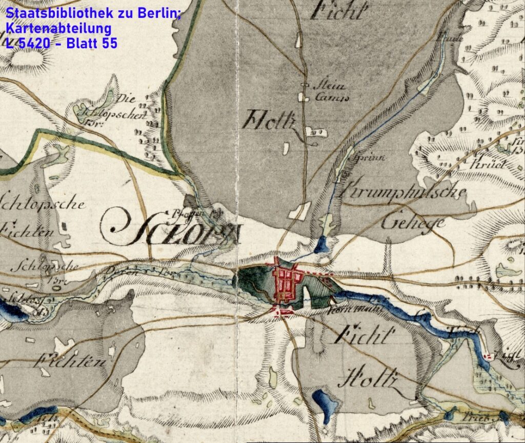 Fragment arkusza numer 55 tak zwanej Mapy Schmettaua w skali 1:50000 ukazujący Człopę i jej najbliższe okolice z okresu 1767-1787. Oryginał przechowywany w Staatsbibliothek zu Berlin; Kartenabteilung, L 5420 – Blatt 55.