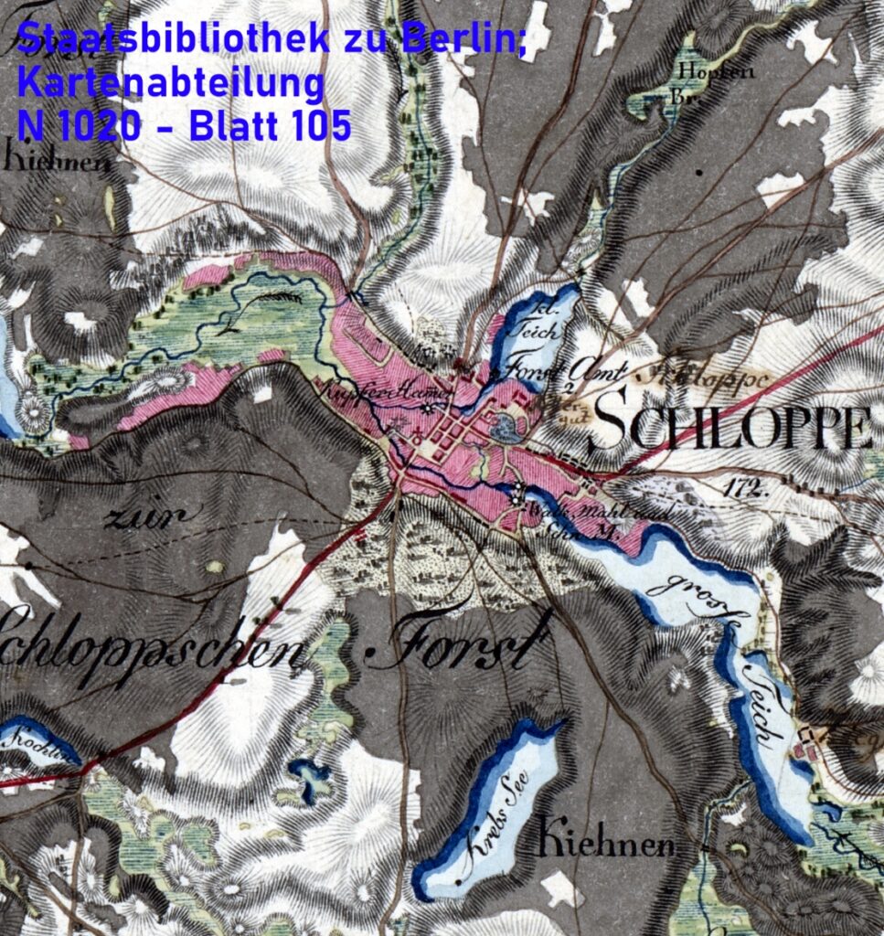 Fragment arkusza numer 105 tak zwanej Mapy Schroettera w skali 1:50000 ukazujący Człopę i jej najbliższe okolice z okresu 1796-1802. Oryginał przechowywany w Staatsbibliothek zu Berlin; Kartenabteilung, N 1020 – Blatt 105.