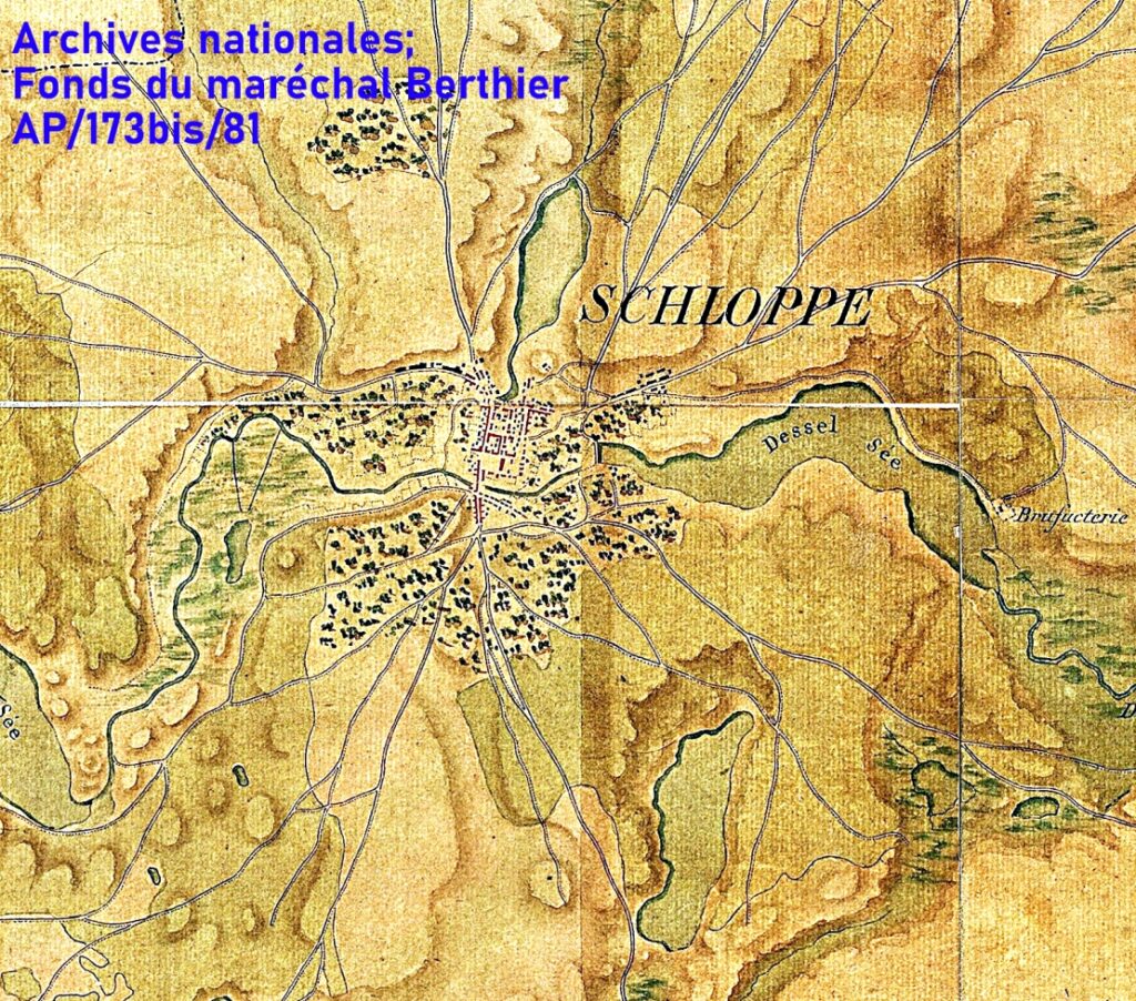 Fragment mapy zatytułowanej Plan des domaines de Schoenlanke et Schloppe w skali 1:20000 ukazujący Człopę i jej najbliższe okolice z około1810 roku. Oryginał przechowywany w Archives Nationales á Pierrefitte-sur-Seine, zespół Fonds du maréchal Berthier (XVIIe-XXe siècles), AP/173bis/81.