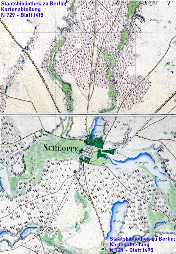 Fragment arkuszy numer 1415 (Tütz [Tuczno]) i 1495 (Schloppe [Człopa]) z mapy Preußische Urmesstischblätter w skali 1:25000 ukazujący Człopę i jej najbliższe okolice z roku 1833. Oryginał przechowywany w Staatsbibliothek zu Berlin; Kartenabteilung, N 729 – Blatt 1415 i Blatt 1495.