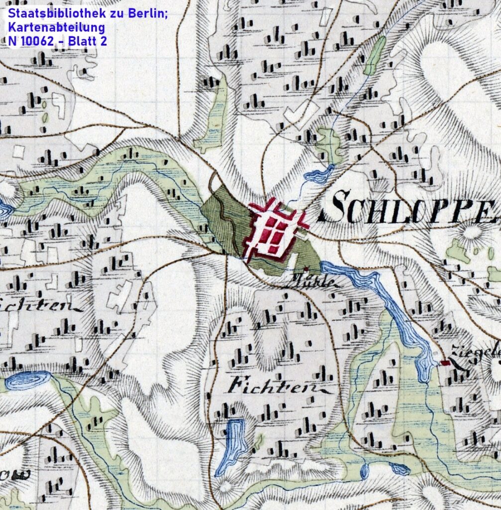 Fragment arkusza numer 2 Mapy specjalnej Dystryktu Noteckiego w skali 1:50000 ukazujący Człopę i jej najbliższe okolice w roku 1789. Oryginał przechowywany w Staatsbibliothek zu Berlin; Kartenabteilung, N 10062 – Blatt 2.