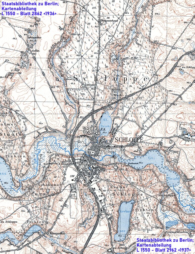 Fragmenty arkuszy numer 2862 [dawny1415] (Tütz [Tuczno]) i 2962 [dawny 1495] (Schloppe [Człopa]) z mapy Messtischblatt w skali 1:25000 ukazujący Człopę i jej najbliższe okolice z roku 1936 i 1937. Oryginały przechowywane w Staatsbibliothek zu Berlin; Kartenabteilung, L 1550 - Blatt 2862 oraz L 1550 - Blatt 2962 .