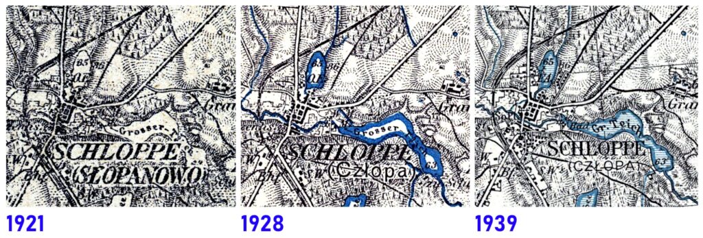 Zestawienie fragmentów z różnych wydań arkusza numer 221 Schloppe (Człopa) w skali 1:100000 opublikowanego przez Wojskowy Instytut Geograficzny, przedstawiające najbliższe okolice Człopy. Rok 1921 – wydrukowana na podstawie mapy KDR z 1919 roku; wykorzystano kopię cyfrową udostępnioną na stronie projektu Mapster (dostęp 19 listopada 2023 roku) oryginału przechowywanego w Archiwum Państwowym w Poznaniu; Rok 1928 – wydrukowana na podstawie mapy KDR z 1919 roku; wykorzystano kopię cyfrową udostępnioną przez portal Polona (dostęp 19 listopada 2023 roku) oryginału przechowywanego w Bibliotece Narodowej w Warszawie; Rok 1939 – wydrukowana na podstawie mapy KDR z 1934 roku; wykorzystano kopię cyfrową udostępnioną przez portal Polona (dostęp 19 listopada 2023 roku) oryginału przechowywanego w Bibliotece Narodowej w Warszawie.