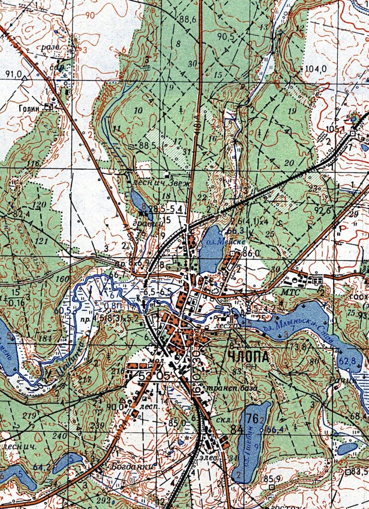 Mapa topograficzna Sztabu Generalnego Armii Radzieckiej w skali 1:50000, układ 1942 – fragment przedstawiający Człopę i jej najbliższe okolice w 1981 roku; arkusz N-33-105-В (N-33-105-C). Źródło: zbiory własne.