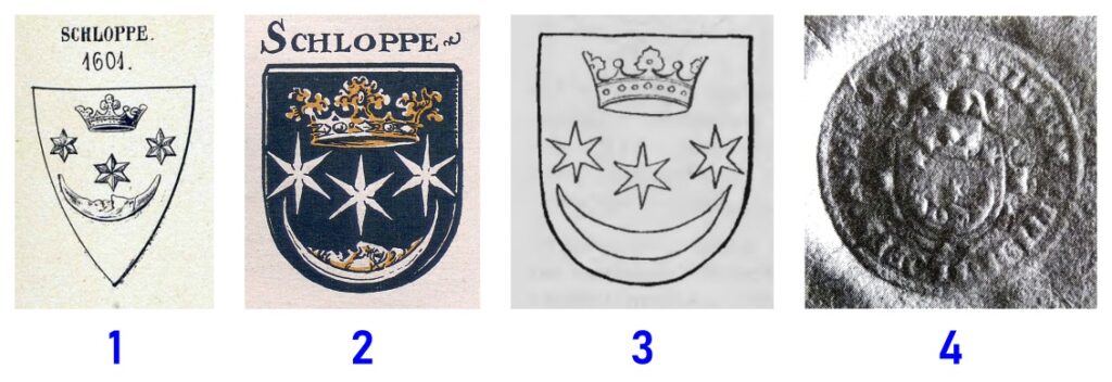 Wizerunki herbu Człopy wedle autorów powyżej wymienionych prac – od lewej: 1. „Nowy Siebmacher”; 2. Otto Hupp; 3. Marian Gumowski; 4. fotografia pieczęci Człopy zamieszczona w pracy Marka Adamczewskiego, strona 327