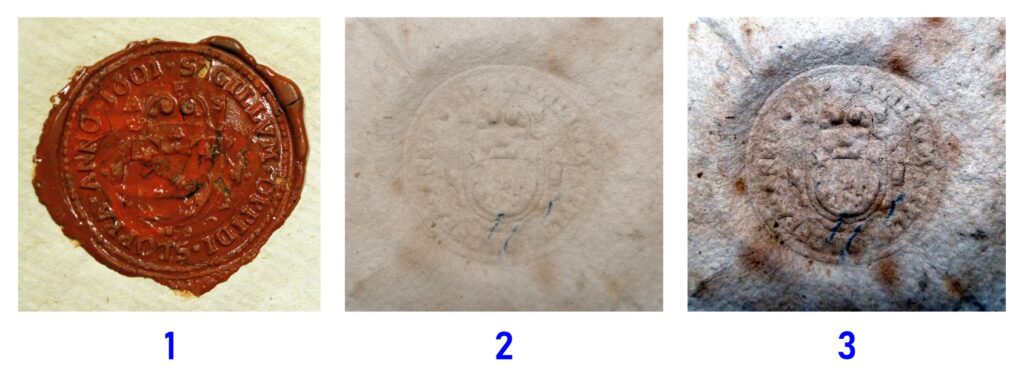 Fotografie pieczęci miejskiej Człopy: 1. Odciśnięta w laku, list cechowy ze zbiorów Archiwum Państwowego w Bydgoszczy – data wystawienia, zespół i sygnatura nieznane; 2. Odciśnięta w wosku przez papier, list dobrego urodzenia ze zbiorów Archiwum Państwowego w Toruniu – 15 marca 1771 roku, Katalog III (Listy cechowe), sygnatura 5928; 3. Ten sam odcisk nieco „podrasowany” w programie graficznym. Uwagę zwracają górne gwiazdy na wysokości dolnej krawędzi korony oraz wyraźnie widoczna na pieczęci lakowej data roczna 1601.