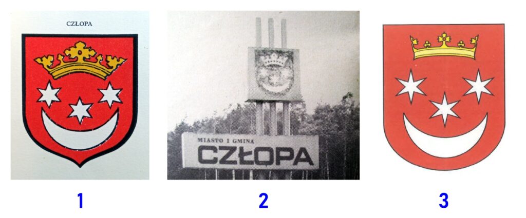 Przykłady powojennych przedstawień herbu Człopy: 1. Publikacja „Miasta polskie w tysiącleciu”; 2. Znak informujący o wjeździe na teren gminy Człopa od strony Wałcza („krzyżówki mielęcińskie”) – lata 1980. [DKuSHB]; 3. Propozycja wyglądu herbu gminy z wniosku Rady Miejskiej w Człopie do Ministra Spraw Wewnętrznych i Administracji – 2001 rok [archiwum Komisji Heraldycznej].