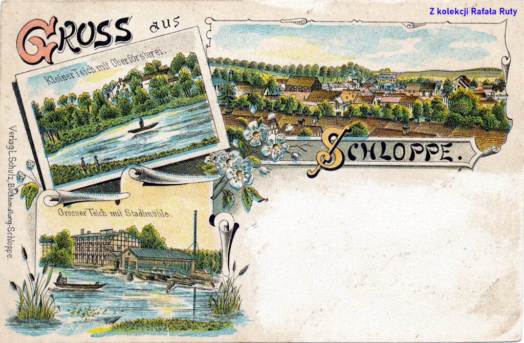 2. (kolorowa) Widoki Człopy: panorama, nadleśnictwo, młyn wodny; pocztówka bez obiegu, przypuszczalnie (1870) 1900 rok, wydawca Ludwig Schulz, Schloppe/Człopa. Ze zbiorów Rafała Ruty