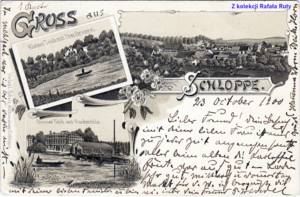 2. (szarości) Widoki Człopy: panorama, nadleśnictwo, młyn wodny; pocztówka z obiegu, 1900 rok, wydawca Ludwig Schulz, Schloppe/Człopa. Ze zbiorów Rafała Ruty