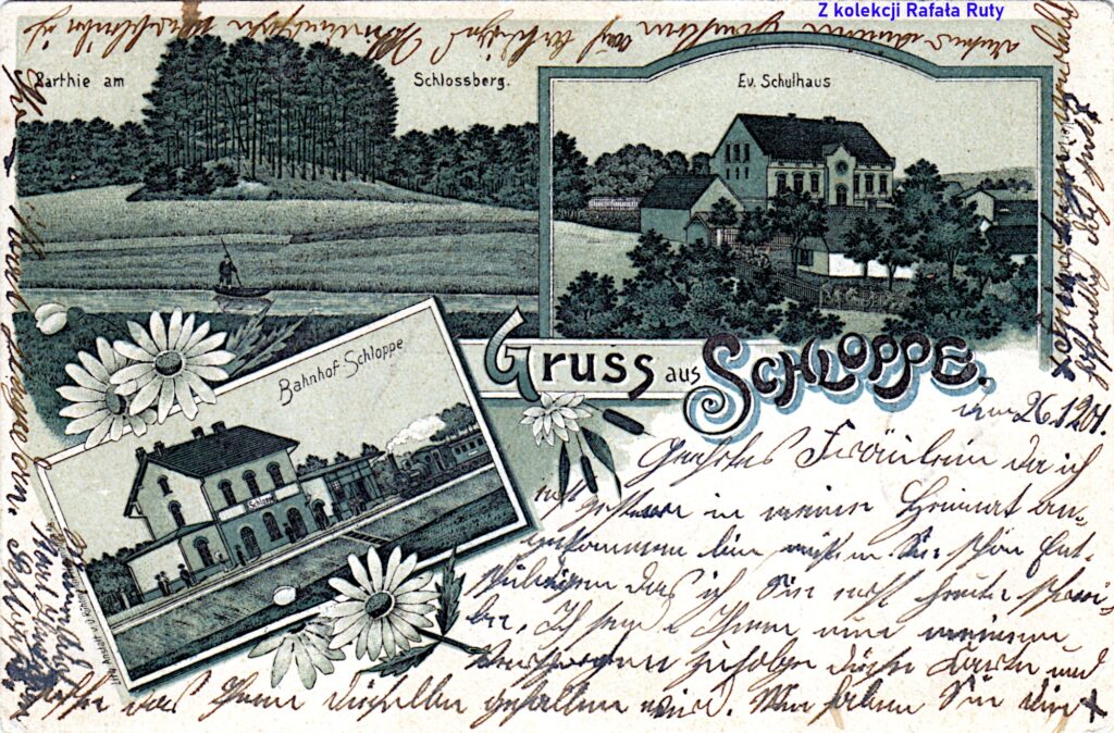 3. Widoki Człopy: grodzisko, szkoła ewangelicka, stacja kolejowa; pocztówka z obiegu, 1901 rok, wydawca Ludwig Schulz, Schloppe/Człopa. Ze zbiorów Rafała Ruty