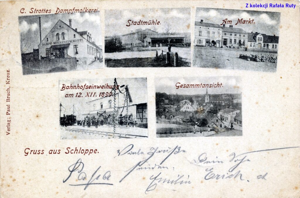 4. Widoki Człopy: mleczarnia parowa C. Sprottego [na pocztówce błędnie: Strottego], młyn miejski, rynek, stacja kolejowa, widok ogólny centrum miasta; pocztówka z obiegu, 1902 rok, wydawca Paul Bruch, Kreuz/Krzyż Wielkopolski. Ze zbiorów Rafała Ruty