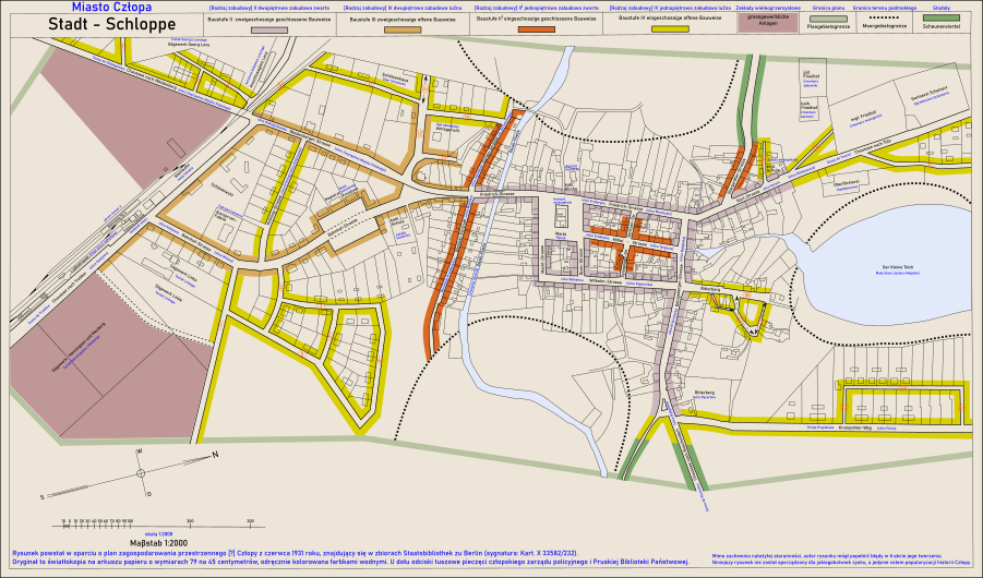 Plan Człopy z 1931 roku prezentujący układ stref rodzajów zabudowy („Baustufe”), dodano polskie tłumaczenie użytych nazw niemieckich; na podstawie planu ze zbiorów Staatsbibliothek zu Berlin, sygnatura Kart. X 33582/232. Uwaga: kliknięcie w obrazek otworzy plik o wielkości około 3,3 MB.