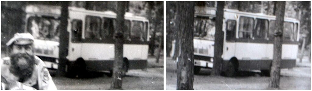 Skryty wśród drzew autobus szkolny Jelcz 080 z Człopy na obozie harcerskim w okolicach miejscowości Mrowina, lipiec-sierpień 1984 roku. Zdjęcia pozyskane dzięki życzliwości Pani Anny Wolniewicz i innych osób, które udostępniły kronikę harcerską z tamtego wyjazdu.