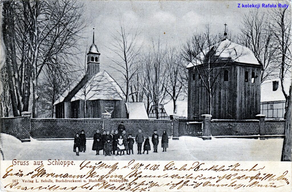 8. Kościół katolicki pod wezwaniem świętego Wojciecha w Człopie; pocztówka z obiegu, 1903 rok, wydawca Ludwig Schulz, Schloppe/Człopa. Ze zbiorów Rafała Ruty