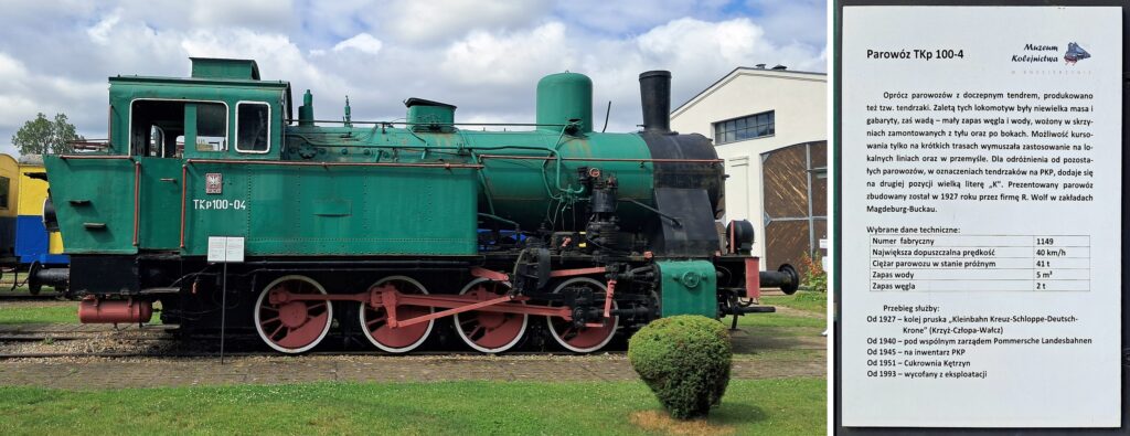 Parowóz TKp100-4 wyprodukowany w 1927 roku przez zakłady R. Wolf w Magdeburg-Buckau, wykorzystywany przynajmniej do 1945 roku na linii kolejowej Krzyż-Człopa-Wałcz, stanowiący obecnie eksponat Muzeum Kolejnictwa w Kościerzynie. Zdjęcie ze zbiorów własnych, wykonane w dniu 24 czerwca 2024 roku.