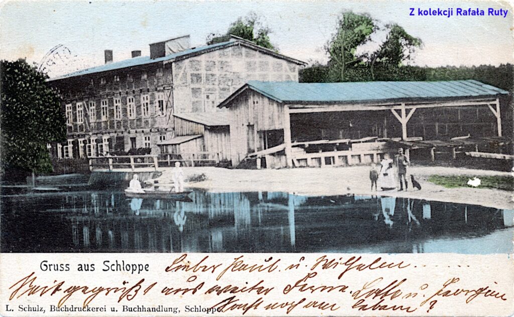 21. Młyn miejski w Człopie; pocztówka z obiegu, rok 1904, wydawca Ludwig Schulz, Schloppe/Człopa. Ze zbiorów Rafała Ruty