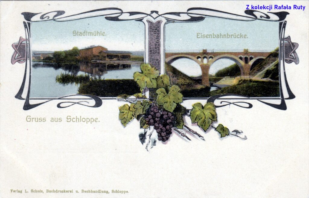 20. Młyn miejski i most kolejowy w Człopie; pocztówka z obiegu, rok 1908, wydawca Ludwig Schulz, Schloppe/Człopa. Ze zbiorów Rafała Ruty