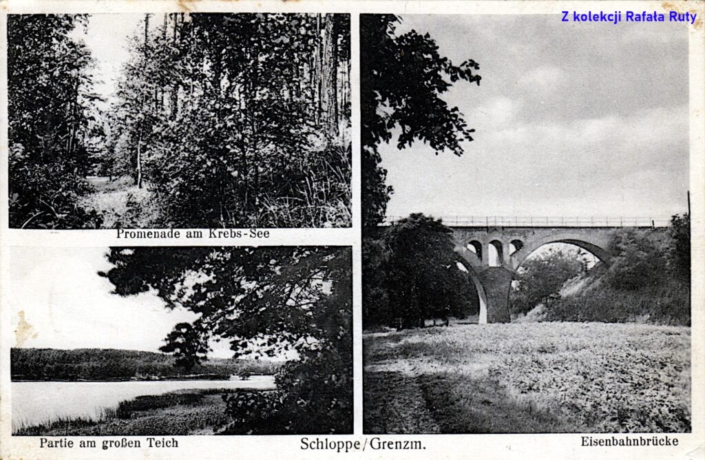 19. Widoki z okolic Człopy: most kolejowy nad Cieszynką, promenada nad Jeziorem Trzebińskim, widok na Jezioro Młyńskie; pocztówka z obiegu, najprawdopodobniej po 1930 roku (data stempla nieczytelna), wydawca prawdopodobnie (wydarcie na odwrocie karty) Karl Menard, Schloppe/Człopa. Ze zbiorów Rafała Ruty
