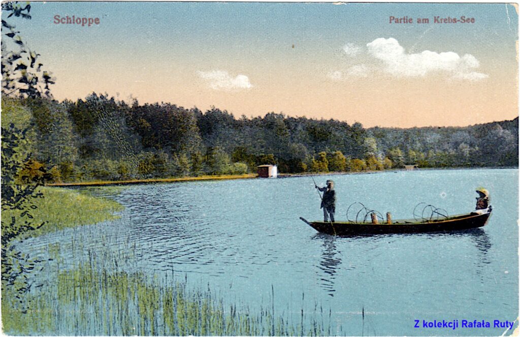 26. Jezioro Trzebińskie koło Człopy; pocztówka z obiegu, rok 1918, wydawca Ludwig Schulz, Schloppe/Człopa. Ze zbiorów Rafała Ruty