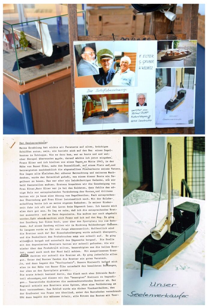 Der Seelenverkäufer - Sprzedawca Dusz - zdjęcia: - osób zaangażowanych w budowę żaglówki w roku 1943 (Franz Elter, Georg Gruber, Werner Wellnitz) oraz darczyńcy planszy wraz z modelem (Helmut Rump) na ekspozycji w Polsko-Niemieckim Centrum Kultury i Sportu w Człopie; - pierwszej strony oryginalnej relacji Georga Grubera o budowie żaglówki; - jej powojennego modelu. Zdjęcia: ze zbiorów PNCKiS w Człopie