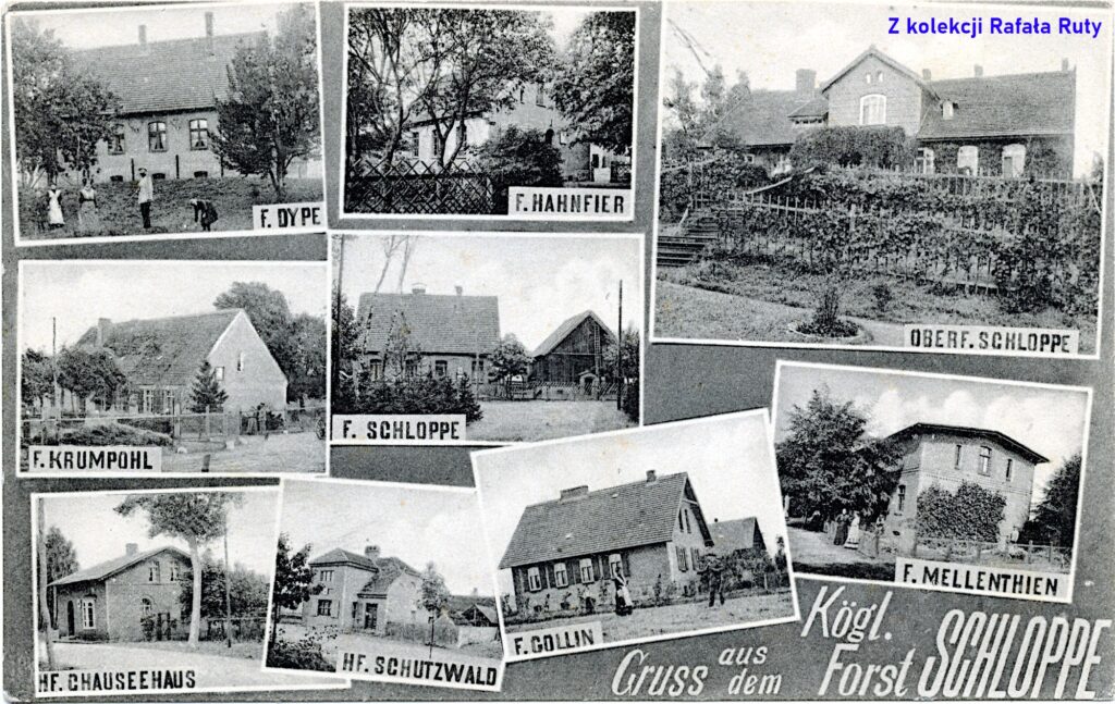 33. Widoki leśniczówek i siedziby Nadleśnictwa Człopa; pocztówka bez obiegu, przypuszczalnie lata 1910-1920., wydawca nieznany, fotografie autorstwa [Johna] Greve, Schlochau/Człuchów. Ze zbiorów Rafała Ruty