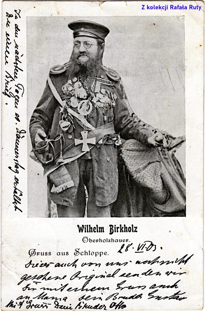 41. Oberholzhauer (starszy drwal) Wilhelm Birkholz z Człopy; pocztówka z obiegu, rok 1903, wydawca Kunstdruckerei F. Kemnitz, Eberswalde. Ze zbiorów Rafała Ruty