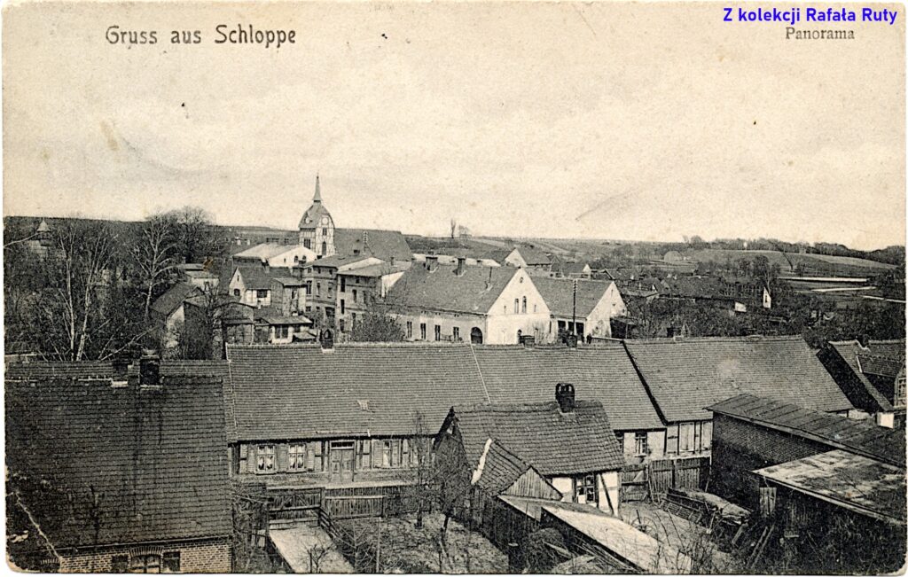 37. Najstarsza część Człopy widziana od południowego zachodu; pocztówka z obiegu, rok 1909, wydawca Ludwig Schulz, Schloppe/Człopa. Ze zbiorów Rafała Ruty