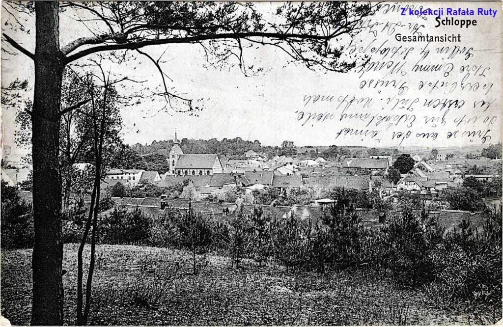 39. Najstarsza część Człopy widziana od południowego wschodu; pocztówka z obiegu, rok 1911, wydawca Ludwig Schulz, Schloppe/Człopa. Ze zbiorów Rafała Ruty