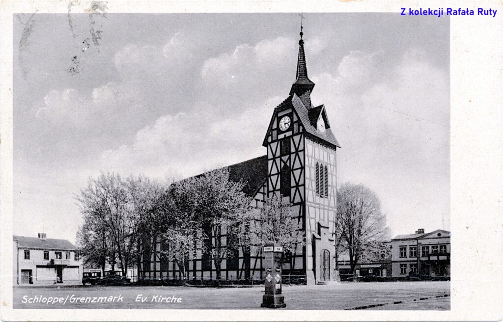 35. Kościół ewangelicki w Człopie; pocztówka z obiegu, rok 1943, wydawca Willi Goeritz, Schloppe/Człopa. Ze zbiorów Rafała Ruty