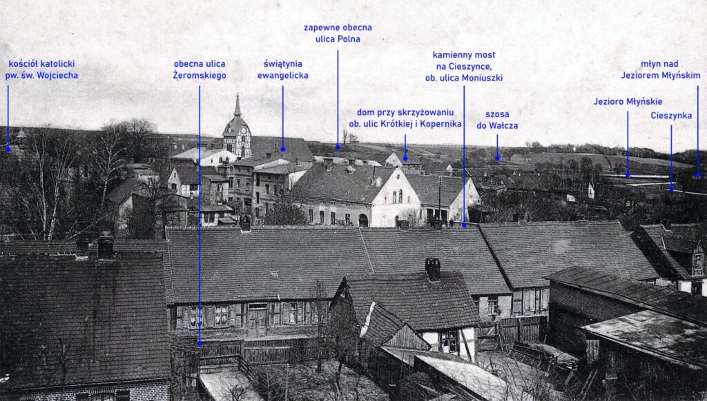 Najstarsza część Człopy widziana od południowego zachodu – opis niektórych obiektów z pocztówki numer 37. Za podkład posłużył skan innego egzemplarza pocztówki, opublikowanego na profilu FB THDzwCz – kliknij, aby zobaczyć (dostęp 8 kwietnia 2025 roku)