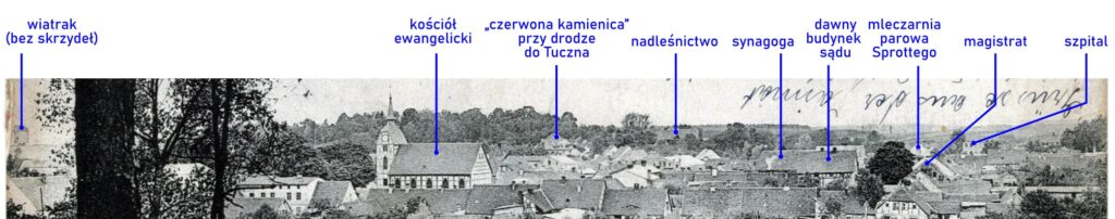Fragment pocztówki numer 39 z oznaczeniem ważniejszych budynków