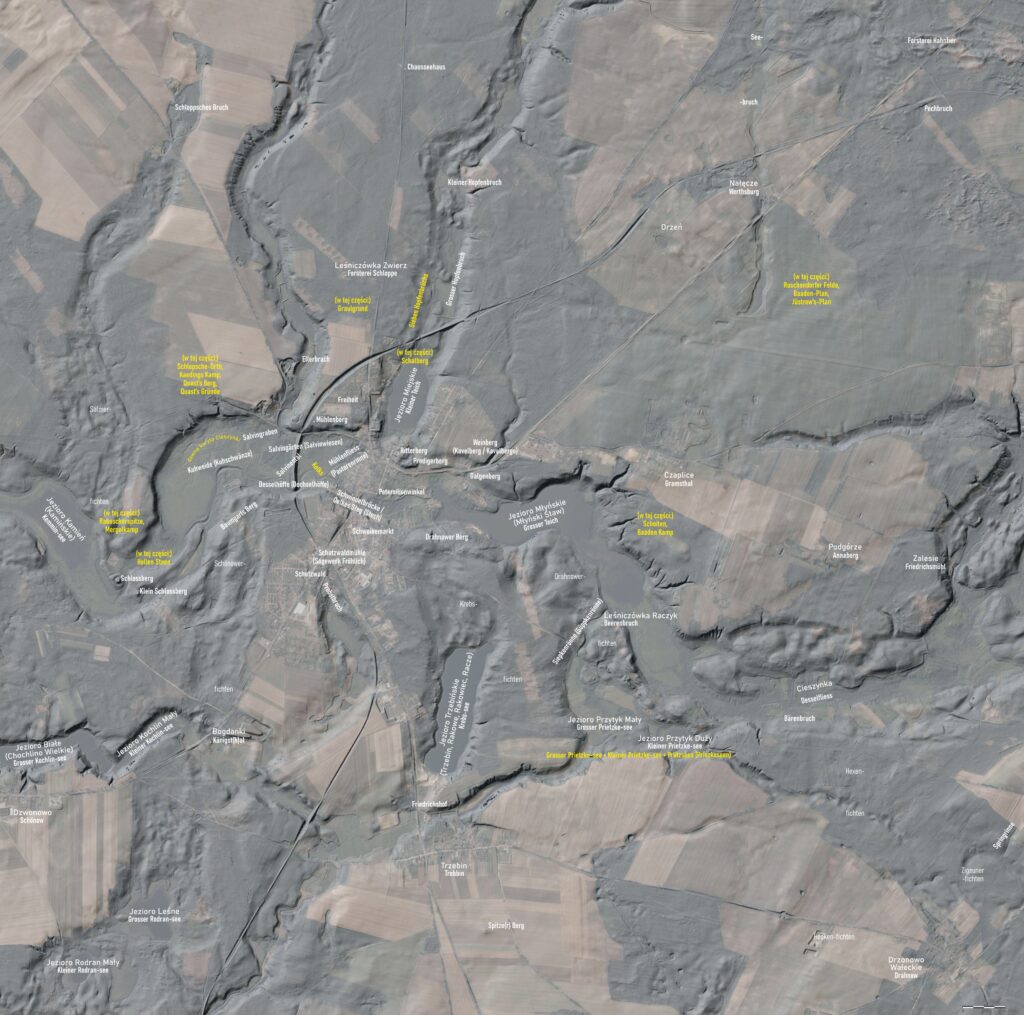 Widok rzeźby terenu dla najbliższej okolicy Człopy, na którym naniesiono nazwy miejscowości w języku polskim i niemieckim oraz nazwy potoczne miejsc - wzniesień, jezior, strumieni i tym podobne.