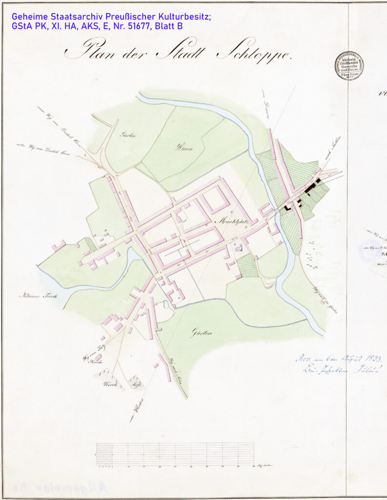 Plan Człopy z 1822 (1833) roku – fragment arkusza oznaczonego jako „B”; skala 1:2500. Źródło: Geheime Staatsarchiv Preußischer Kulturbesitz; sygnatura XI. HA, AKS, E, Nr. 51677, Blatt B.