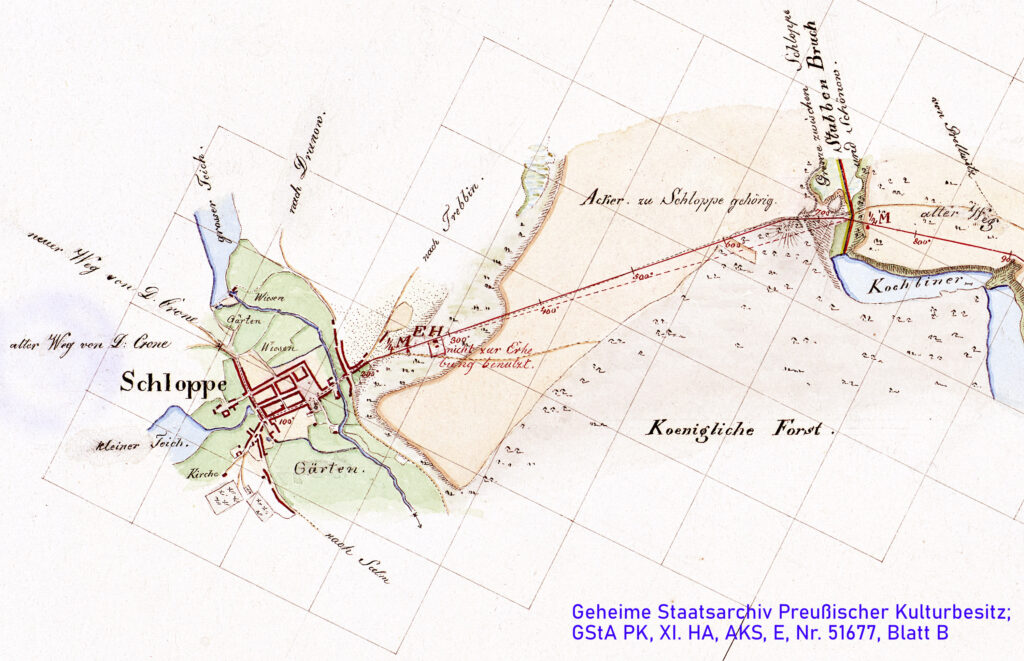 Przebieg projektowanej drogi bitej (gościńca) na odcinku Bogdanki-Człopa – fragment planu z 1822 (1833) roku obejmującego odcinek Dzwonowo-Człopa. Źródło: Geheime Staatsarchiv Preußischer Kulturbesitz; sygnatura XI. HA, AKS, E, Nr. 51677, Blatt B.