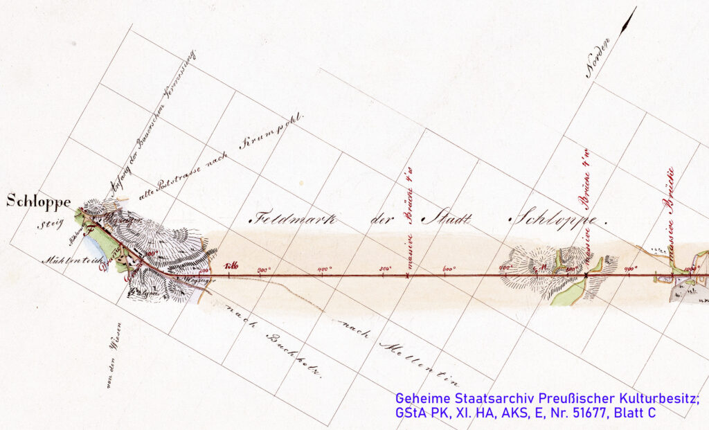 Przebieg projektowanej drogi bitej (gościńca) na odcinku Człopa-Nałęcze – fragment planu z 1822 (1833) roku obejmującego odcinek Człopa-Rusinowo. Źródło: Geheime Staatsarchiv Preußischer Kulturbesitz; sygnatura XI. HA, AKS, E, Nr. 51677, Blatt C.