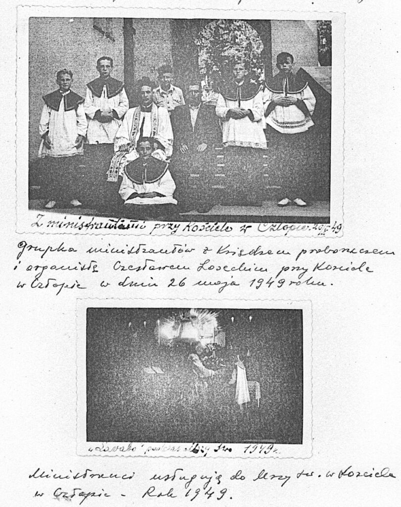 Dwie fotografie podpisane następująco:
Z ministrantami przy kościele w Człopie 26 maja 1949 rok. Grupka ministrantów z Księdzem proboszczem i organistą Czesławem Loseckim przy kościele w Człopie w dniu 26 maja 1949 roku.
„Lavato” podczas Mszy Św. 1949 r. Ministranci usługują do Mszy świętej w Kościele w Człopie – Rok 1949.
Źródło: kserokopia pierwszego tomu kroniki parafii w Człopie.