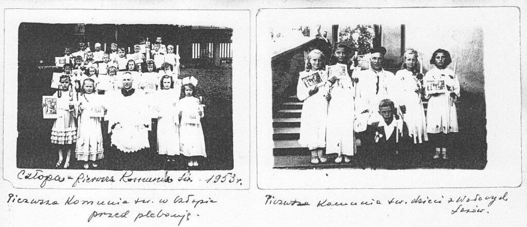 Dwie fotografie podpisane następująco:
Człopa – Pierwsza Komunia Święta 1953 r. / Pierwsza Komunia święta w Człopie przed plebanją.
Pierwsza Komunia święta dzieci z Wołowych Lasów. [tu uwaga - zdjęcie wykonane przed kościołem w Człopie, dodatkowo jest to lustrzane odbicie w poziomie]
Źródło: kserokopia pierwszego tomu kroniki parafii w Człopie.