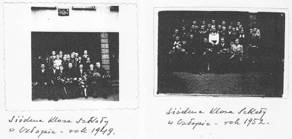Dwie fotografie podpisane następująco:
Siódma Klasa Szkoły w Człopie – rok 1949.
Siódma Klasa Szkoły w Człopie – rok 1952.
Źródło: kserokopia pierwszego tomu kroniki parafii w Człopie.