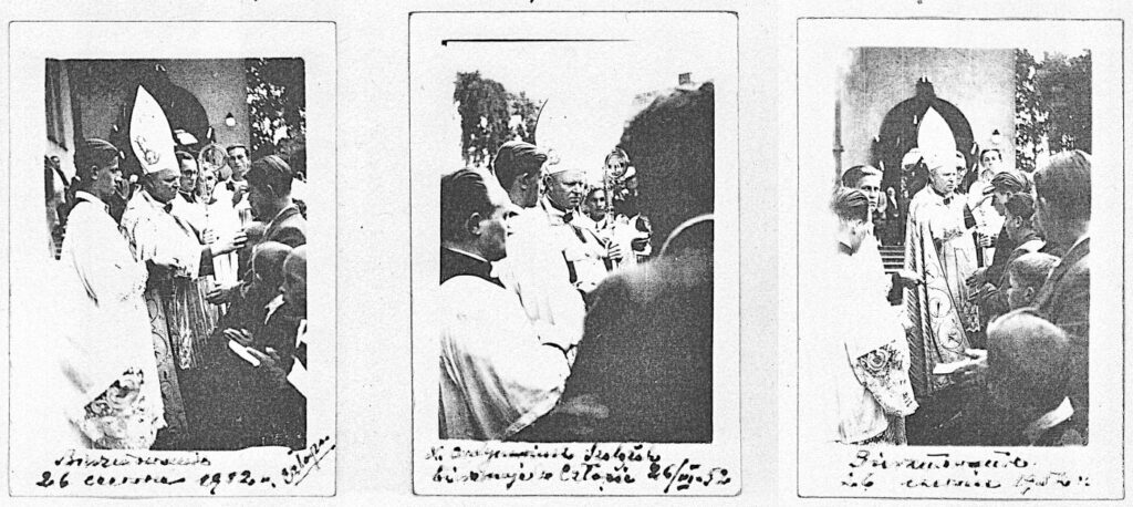 Trzy fotografie podpisane następująco:
Bierzmowanie 26 czerwca 1952 r. Człopa
X. Ordynariusz [Zygmunt] Szelążek bierzmuje w Człopie 26/VI-52
Bierzmowanie 26 czerwca 1952 r.
Źródło: kserokopia pierwszego tomu kroniki parafii w Człopie.